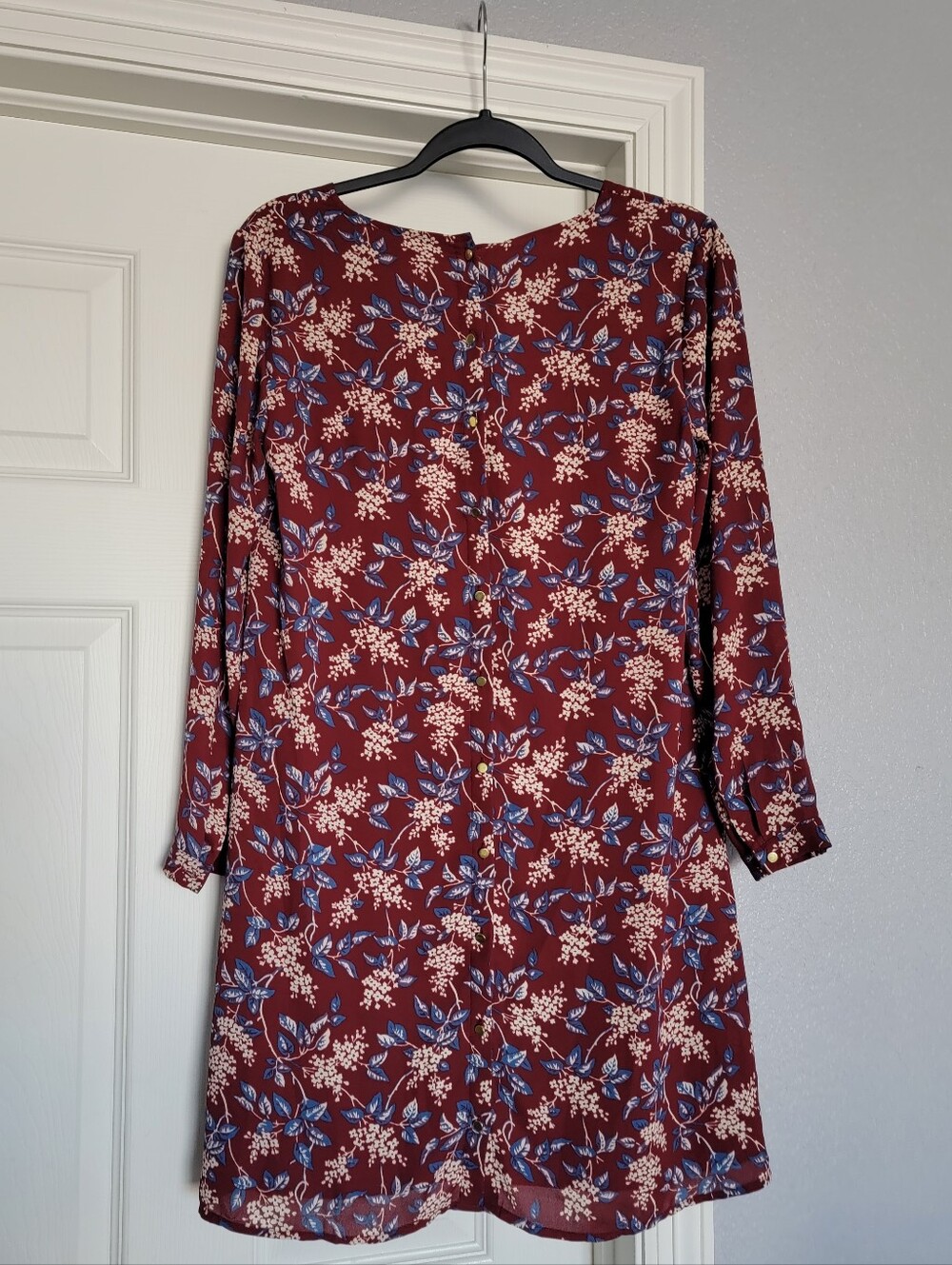 Madewell Burgundy Floral V-Neck Dress with Blue and Cream Print - Picture 3 of 4